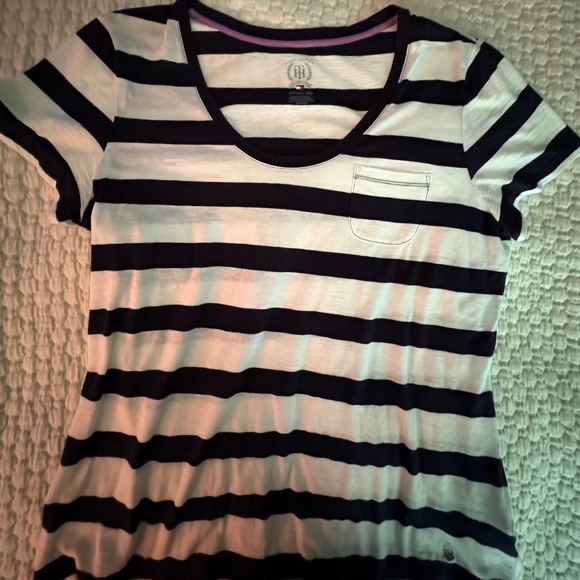 Tommy Hilfiger, L or XL, stripped, short sleeve, T.  Adorable small pocket. - Picture 1 of 4